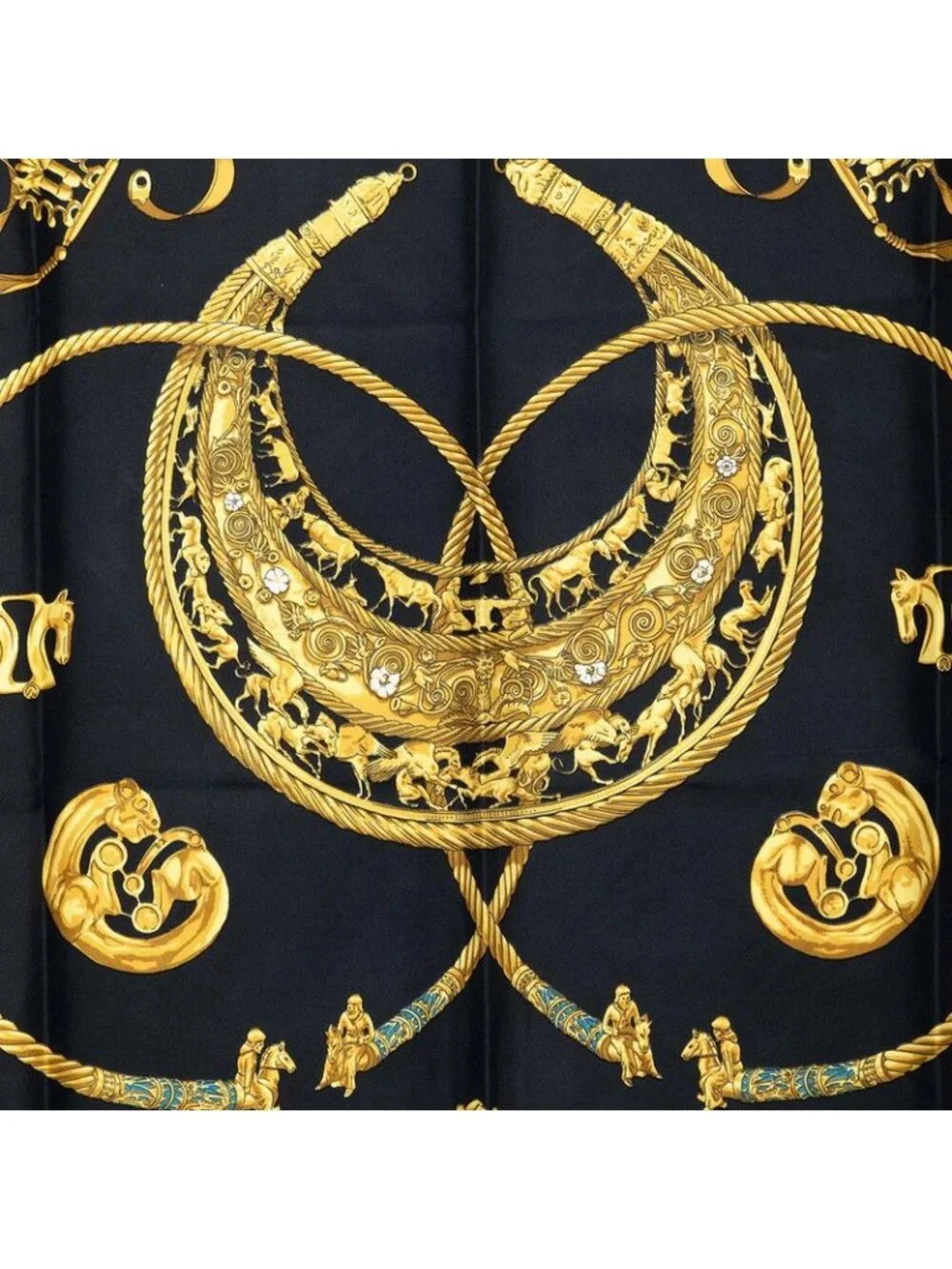 Hermes les Cavaliers D'or Yellow Gold Knight Scarf Black Silk